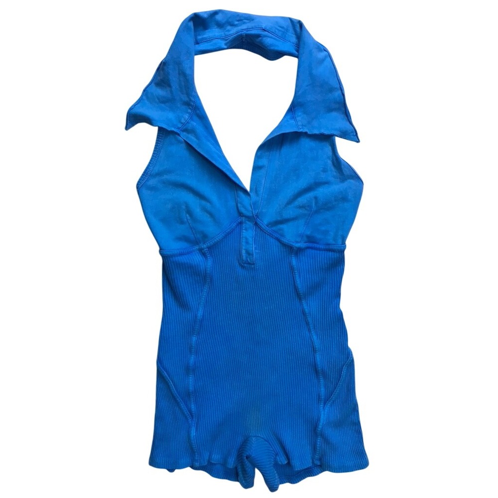 ITZY Halter Romper Women Large Blue Ribbed Collared V-Neck Sleeveless Bodysuit